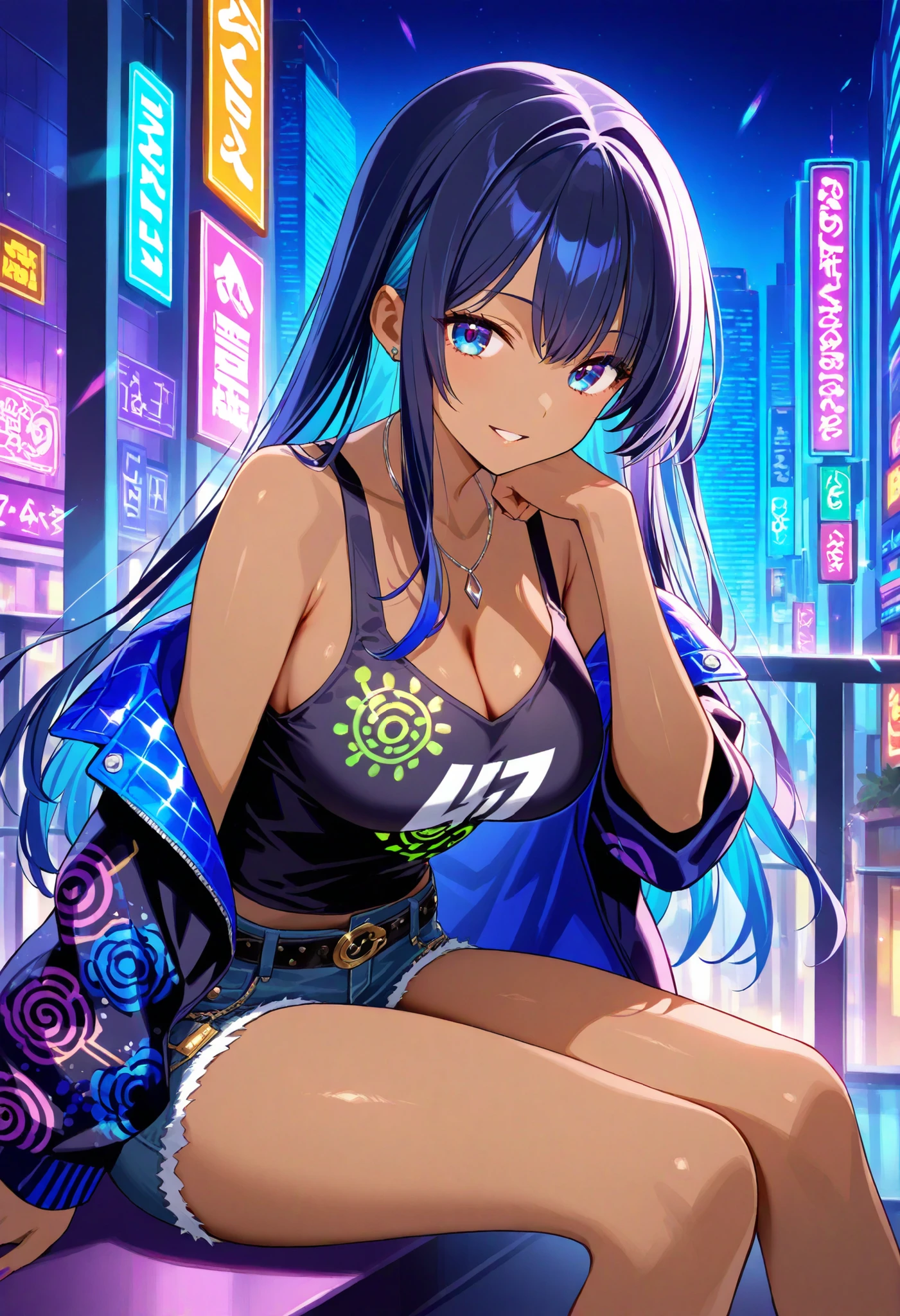 (masterpiece:1.37), best quality, (extremely detailed:1.37), woman, mature, adult, large breasts, very long hair, (straight hair:1.5), dark purple hair, purple eyes, (extremely detailed eyes:1.37), crop top, cleavage, navel, jeans, open fly, (groin:1.25), desperation, (wetting: self 3.0), standing, city, futuristic, neon lighting, high-tech, street