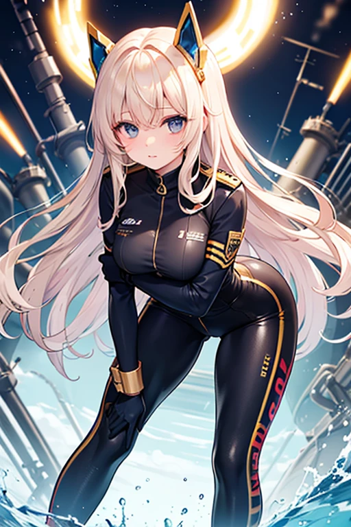 masterpiece, best quality, 1girl, tall body, beautiful detailed eyes, beautiful detailed face, cute face, perfect hands, complete fingers, perfect anatomy, perfect proportions, ((hat, police hat)), ((leotard, matching leotard, bare legs)), ((boots, matching boots)), breasts, medium breasts, covered navel, fingerless gloves, (full body portrait), looking at viewer, solo, solo focus, standing, ValkyriePoliceStudent, cowboy shot, space station backdrop, tight belt