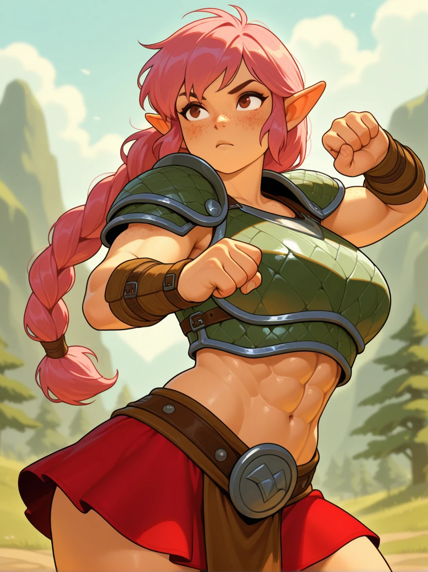 Will as a commoner, short (bright red) hair, brown eyes, slim body, slightly medium size-breast, slightly pointed ears dressed in a revealing cloth, personality flirty, Sexy, libido is high, has bikini top and long loincloth, dancing in a wheat field, solo, sweat covered skin, sweat soaked hair, detailed hands, high delicate defined details, sharp focus, looking at viewer