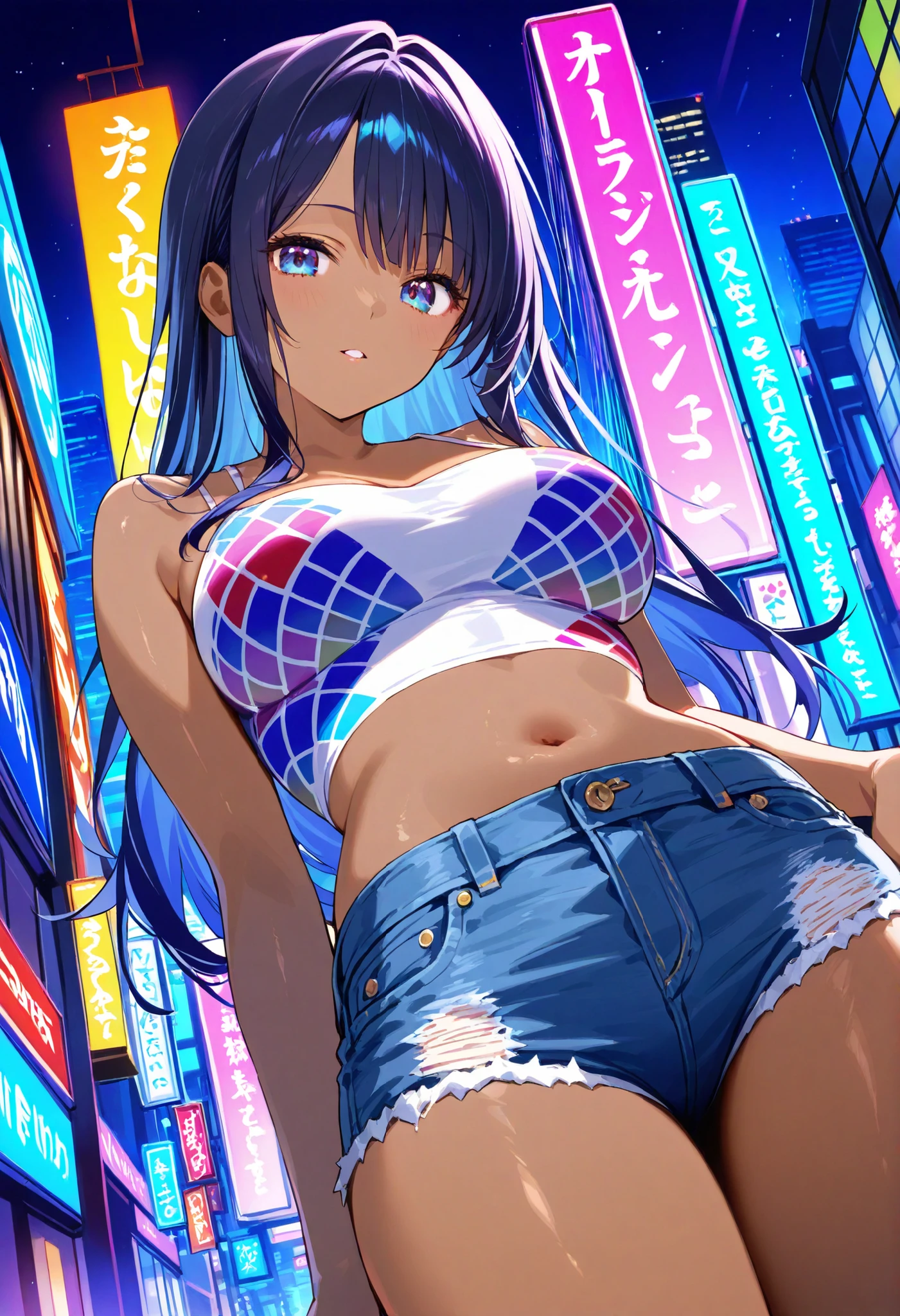 anime illustration beautiful girl plump body、Colossal tits、Anatomically correct human body、Star pupil、Archaic Smile、Soft thighs、Halloween、Street corner at night、Gal、fullnude、Expose nipple、exposing female genitalia