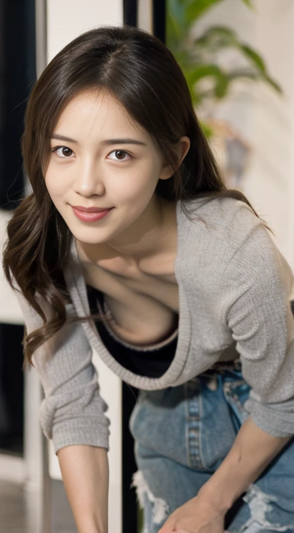 One Japanese woman、28 years old、顔にフォーカスしたクローズClose-up photo、Close-up photo、Having at the camera、Looking at the camera、(Laughing with mouth open:1.4)、Plain T-shirt、Perfect Makeup、Thin eyebrows、Lip gloss、Border Depth、uhd、Skin Texture、Super Detail、Highest quality、8k、Sharp focus、Professional Lighting、Bedroom at home、It is in the center of the photo、