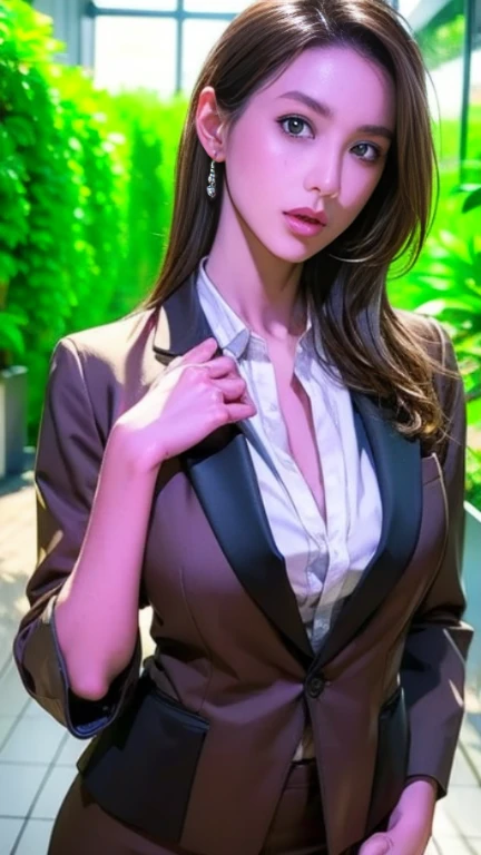 the most beautiful woman's face in the world, the perfect body proportions for a woman, blazer is worn on shirt, right shape of her vagina between opened legs, two pairs of labia, her pubic hair, she is sitting on a couch, she is the prettiest actress in japan, nsfw, best quality, highly detailed, masterpiece, ultra high res, photo realistic, 8k