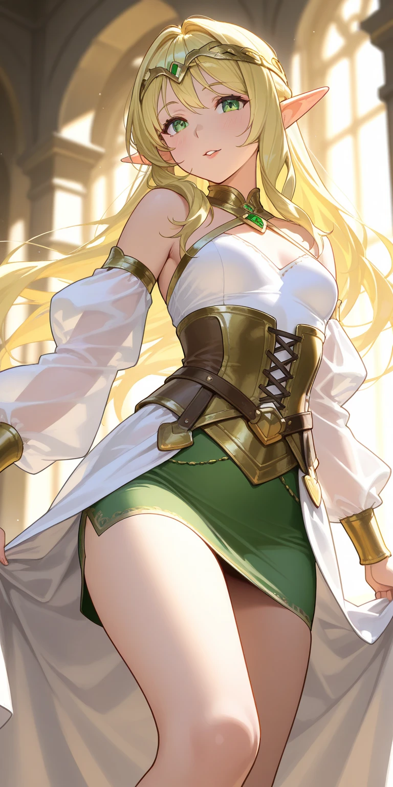 leafa,green eyes, blonde hair, long hair, twin braids, ponytail, side braid, choker, knee boots, bracelet, jewelry, white shorts, green dress, cleavage, white thighhighs,
jewelry,  hands on chest,see-through, looking at viewer,  hair ornament, choker, shy,
(huge breasts:1.2, upper body, from below, cameltoe, panties, lift skirt,)
(masterpiece, top quality, best quality, official art, beautiful and aesthetic:1.2), (1 girl), extreme detailed,  colorful, highest detailed,
city,street, leaning,  wall, sun, cloud,