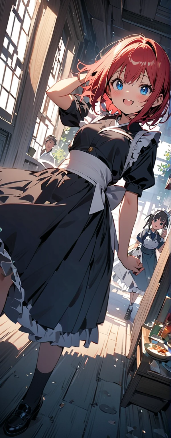 (Highest quality), (masterpiece), 1080P, High resolution, 4K, 8K, Maid clothes, Heart hole in chest, Cleavage, black panties, cry, They hesitate, run away, Are crying, socks, bag, Long black hair, squat, Apartment, At the door, Outdoor, night