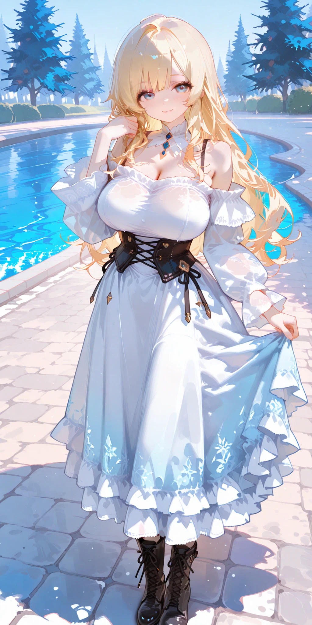 An extremely beautiful stunning woman with a perfect busty body, gold blonde long silky hair, big blue eyes, extremely super bright snow white fair stunning flawless glowing lush shiny flawless white skin, a perfect tight hourglass figure, and a skinny waist, sexy thick smooth luscious legs and thighs, extremely cute smile on the face, bright pink blushes on cheeks, wearing a short sexy loose revealing white floral dress with threads, pink off-shoulder, yellow heels, green necklace on the neck, gold anklets on feet, standing straight, holding flowers, garden in the background, show full body from head to feet.