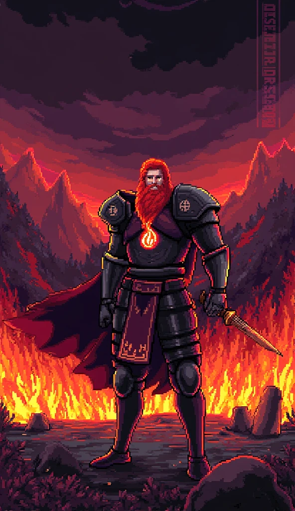 A pixel art sprite of a powerful fire warrior standing in a burning infernal landscape. He has bright red hair and a full red beard, wearing dark heavy armor with glowing orange flame symbols. A blazing fire emblem glows on his chestplate. He holds a large sword in one hand, and his stance is firm and heroic. The background is filled with flames, volcanic mountains, and a dark smoky sky. The color palette is dominated by reds, oranges, and deep shadows. 16-bit retro fantasy game style
