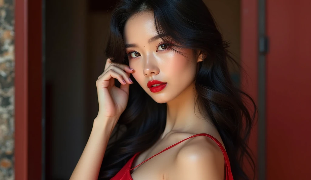 instagram photo, closeup face photo of 23 y.o Chloe in kebaya, Red Lipstick, sensual Lipstick, Sensational Make Up, cleavage, pale skin, (smile:0.4), hard shadows, White G-STRING, bright lighting