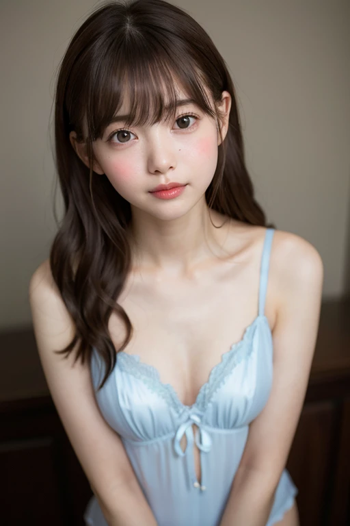 best quality, 20 years old, official art, original photo, pretty face, whole body, beautiful girl, Detailed faces, best quality, Japanese beauty, 1 girl, alone, Chest, looking at the audience, brown hair, bow, belly button, brown eyes, clavicle, 中等Chest, Heart, lips, indoor, spread legs, Stomach, white underwear, white underwear, camel toe, Buttocks visible through thighs, underwear only, lace, bow, lifelike