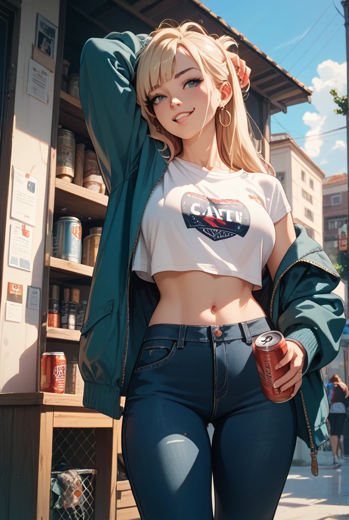 A stunningly detailed and photorealistic anime illustration of a daywalking vampire beauty. She has an hourglass figure, wearing a distinctive trucker hat and a tube top with the words "Garlic Shield" emblazoned across it. Her checkered shirt is unbuttoned, revealing a tantalizing glimpse of her jeans shorts. The character is slim and fit, just hanging out at a bus stop, nonchalantly sipping a soda from a bottle labeled "Bloodberry." The background depicts a bustling cityscape during the afternoon, with sunlight filtering through the urban landscape, casting a warm glow on the scene., anime