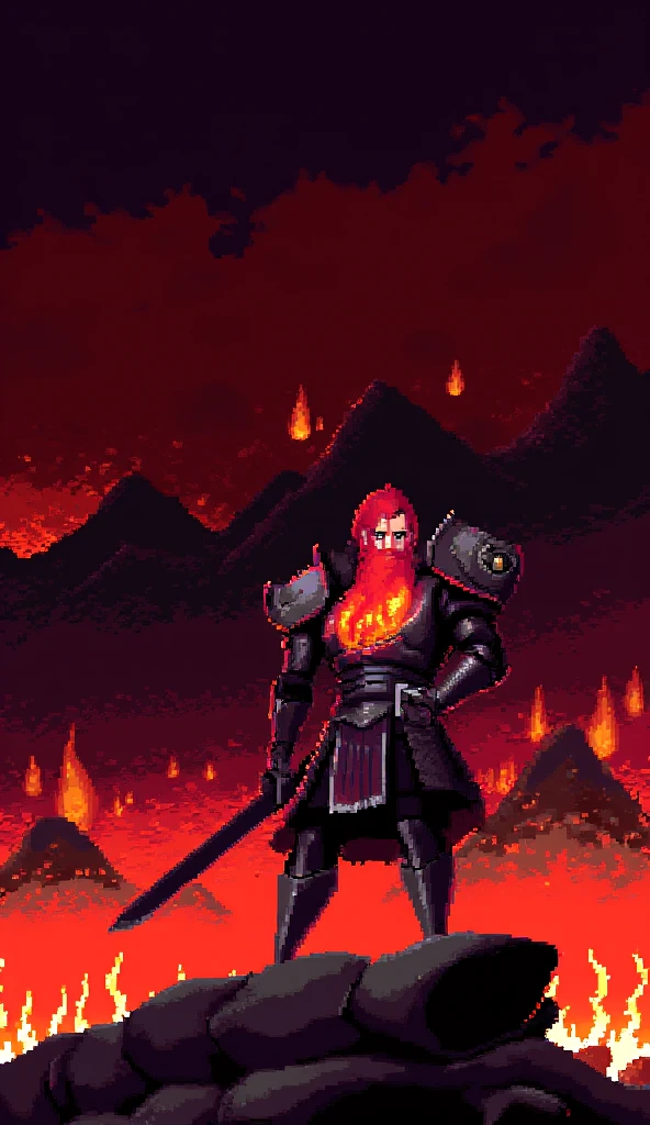 A pixel art sprite of a powerful fire warrior standing in a burning infernal landscape. He has bright red hair and a full red beard, wearing dark heavy armor with glowing orange flame symbols. A blazing fire emblem glows on his chestplate. He holds a large sword in one hand, and his stance is firm and heroic. The background is filled with flames, volcanic mountains, and a dark smoky sky. The color palette is dominated by reds, oranges, and deep shadows. 16-bit retro fantasy game style