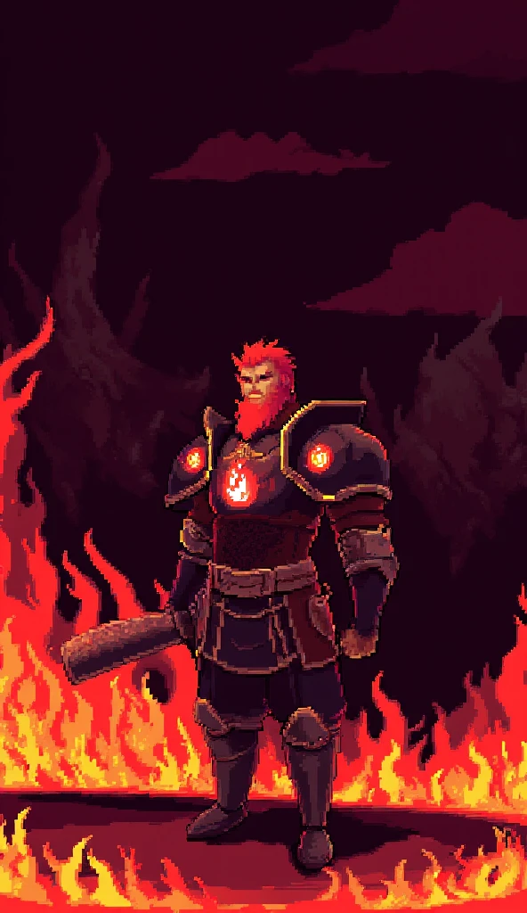 A pixel art sprite of a powerful fire warrior standing in a burning infernal landscape. He has bright red hair and a full red beard, wearing dark heavy armor with glowing orange flame symbols. A blazing fire emblem glows on his chestplate. He holds a large sword in one hand, and his stance is firm and heroic. The background is filled with flames, volcanic mountains, and a dark smoky sky. The color palette is dominated by reds, oranges, and deep shadows. 16-bit retro fantasy game style