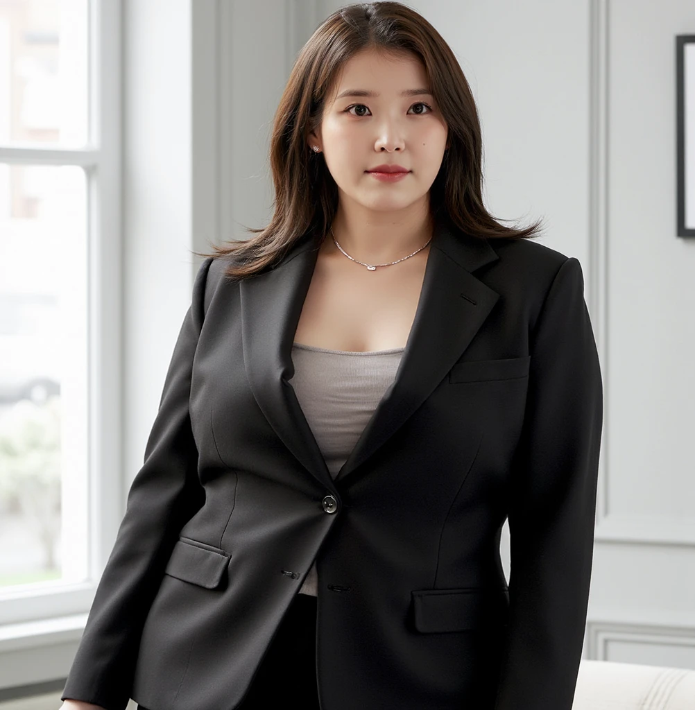 Brunette woman with brown hair and long bangs middle aged plus size woman wearing blazer and skirt in front of computer 