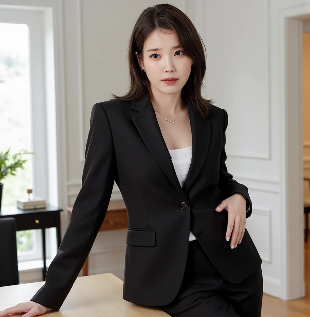 Classy upper-class elite secretary in business shirt, working in an office、Wearing a strict business suit, Wearing pantyhose、Wear high-end high heels、 Girl in a shirt, Wearing a business suit, Wearing a business suit, in a business suit, businesswoman, business clothes, wearing black business suit, Wear shirts and skirts, Woman in business suit, Business attire, business outfit, Raw photo, (8K、top-quality、​masterpiece:1.2)、(intricate detailes:1.4)、(Photorealsitic:1.4)、octane renderings、Complex 3D rendering ultra detail, Studio Soft Light, Rim Lights, vibrant detail, super detailing, realistic skin textures, Detail Face, Beautiful detail eyes, Very detailed CG Unity 16k wallpaper, make - up, (detailedbackground:1.2), Exposed thighs!!!,Sitting chair with legs spread apart,(open leg 1.5).She's showing off her white panties (Expensive lingerie)to the photographer and sitting on the chair with legs spread apart,(open leg 1.5).long hair