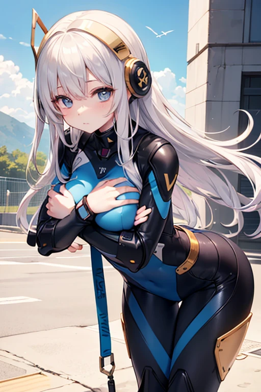 (Best quality, 8k,raytracing,1 girl, solo,Nakiri_Ayame, threaded outfit, horns), race_queen, blue knee_highs, tattered and torn knee_highs, long wavy hair,gray hair, standing, (race track in background, dignified look, smug expression, smirk), sexy pose