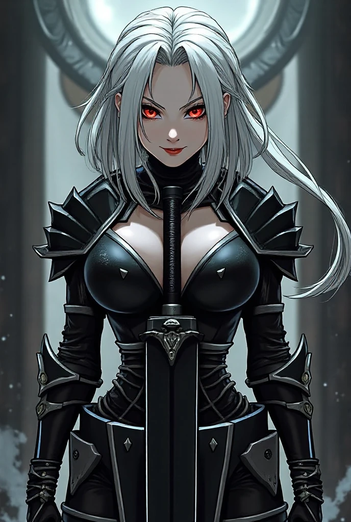 (masterpiece, 8k, 4k, extremely detailed,  dynamic shading, best quality, strong linework, absurdres:1.1) nice hands, perfect hands, sexy, mature, milf, 1girl,(huge tits:1.3)<lora:more_details:1> <lora:colorize:0.5> <lora:lora:lbw=all:stop=35> Sephiroth (Final Fantasy), long black jacket, (bdsm, belts, chest strap, harness:1.3), full moon, gloves, long grey hair in a ponytail and split bangs, open jacket, (long jacket short skirt:1), long sleeves, sephiroth, simple background, shoulder armor solo, white gloves, holding weapon