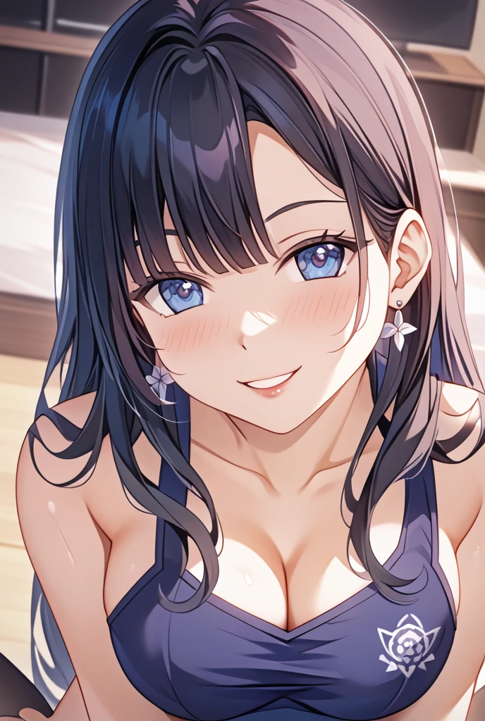(masterpiece), best quality, expressive eyes, perfect face, 1girl, straight hair, medium breast, bar, black hair, smile, bikini