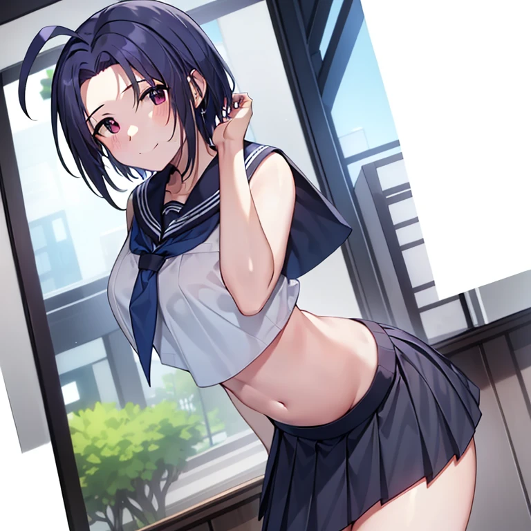 ((best quality)), ((masterpiece)), (detailed), (((perfect face))), ((slender teenl with arms by side)), ((((topless)))), (((wearing dark blue pleated skirt))), ((medium breasts)), ((brunette)), ((blue eyes)), ((ponytail)), ((((topless)))), ((shy:1.3)), ((blushing:1.5)), ((skinny thighs)), ((skinny hips)), (((girl looking away))), ((bare stomach)), (((standing against upper class wooden wall))), (((teen mal suit)))