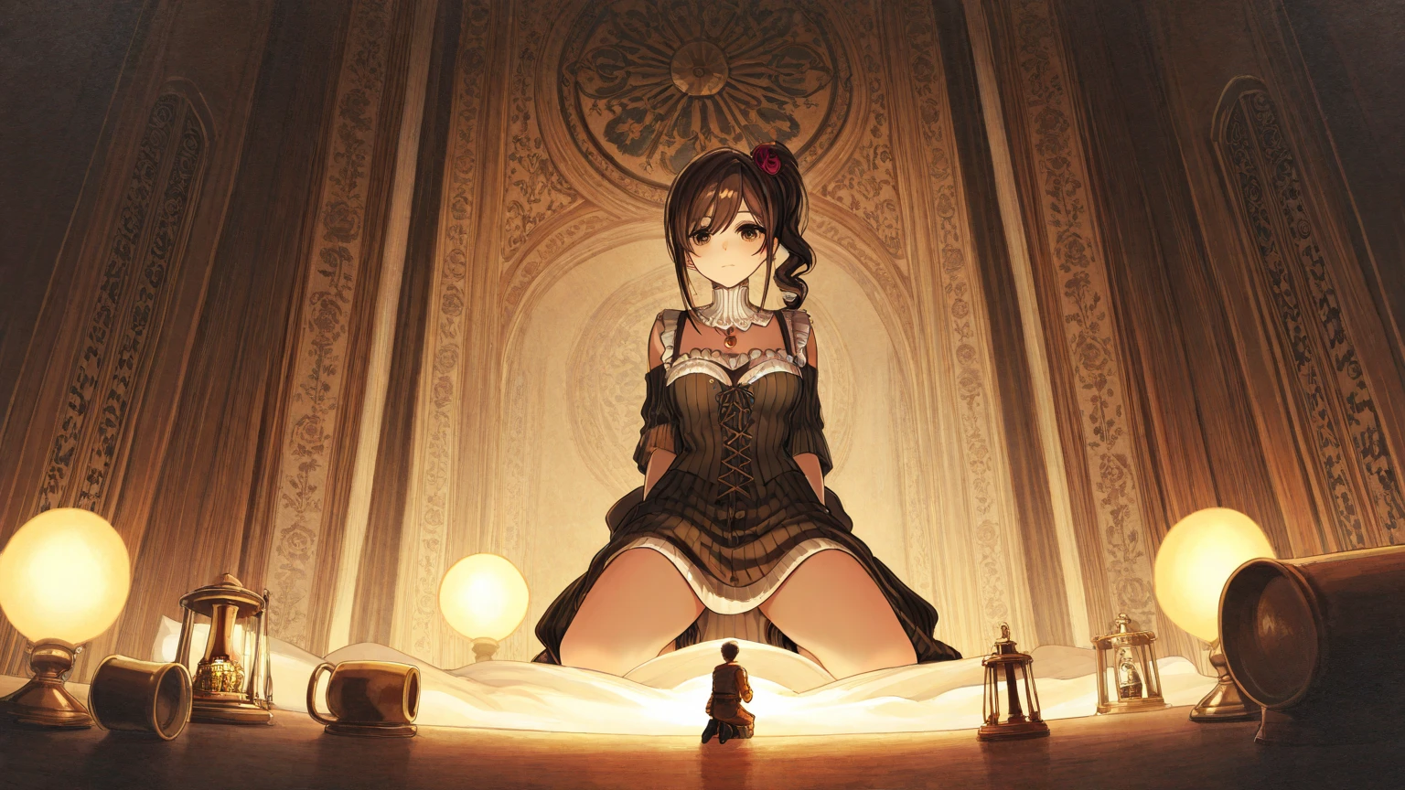 (minigirl on a table standing up below the breasts and face of a giantess girl: 1.3), (minigirl standing rear end on a table looking up at a giantess: 1.1) closeup breasts and face, (from below view: 1.2), (medium sized breasts), cleavage, (indoors: 1.1), (2girls: 1.5), (height difference: 1.9), (size difference: 1.3), (cute adult woman: 1.3), (cute girl with girly dress frills: 1.1), (fantasy set in medieval era: 1.1), cute dress, books, teddy bear, toys, weapons, robe, light, (long distance photo: 1.1), (foreshortening table: 1.1), bent over, (long distance: 1.2), (far away: 1.2)