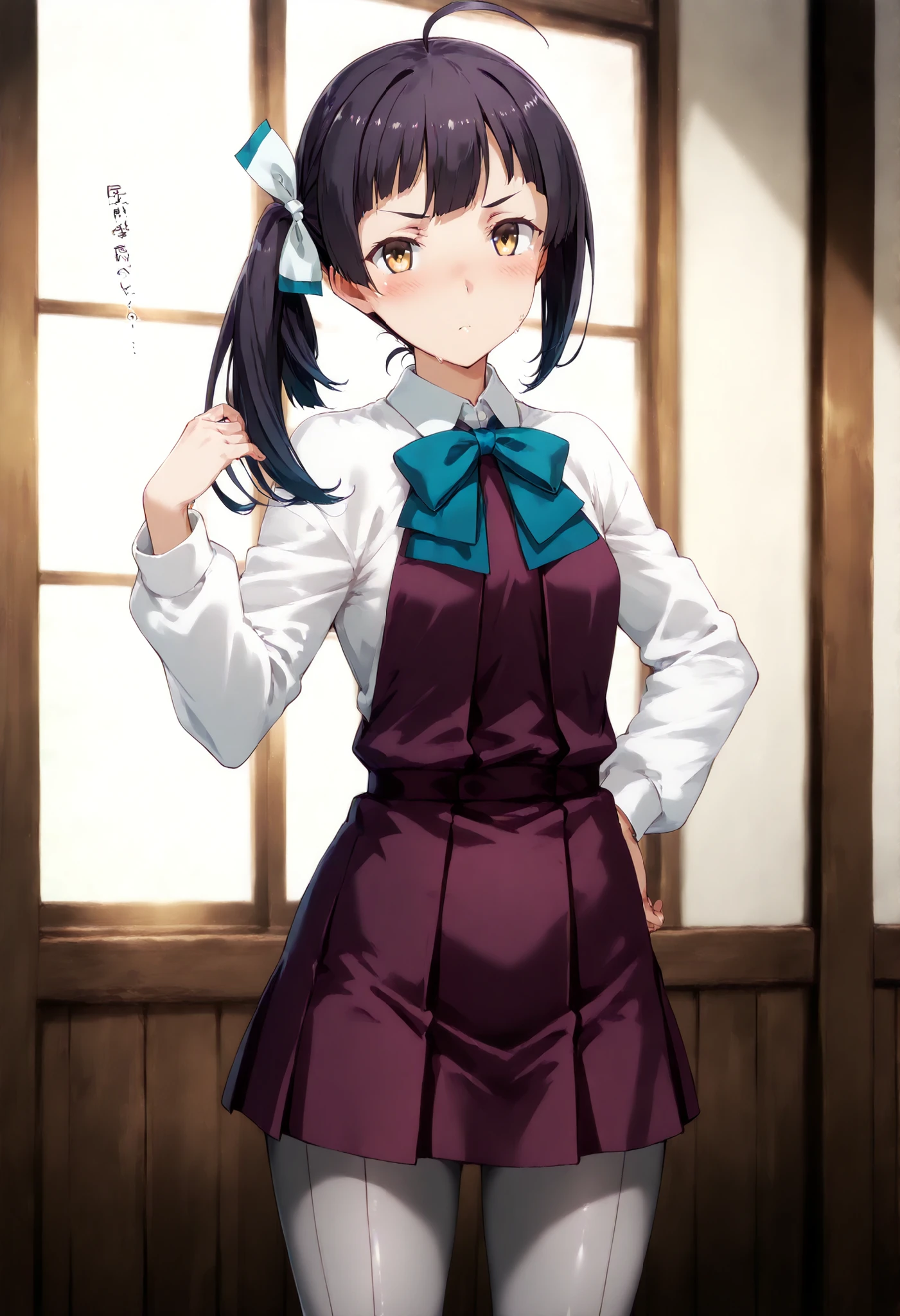 Fujinami (KANCOLLE), Fujinami KC, 1 girl, solo, long hair, hair ribbon, stupid hair, Side Ponytail,long sleeve, dress, bow, ribbon, uniform, hair ribbon, white shirt, bowtie, white ribbon, purple dress, pleated dress, grey pantyhose, aqua bow, aqua bowtie