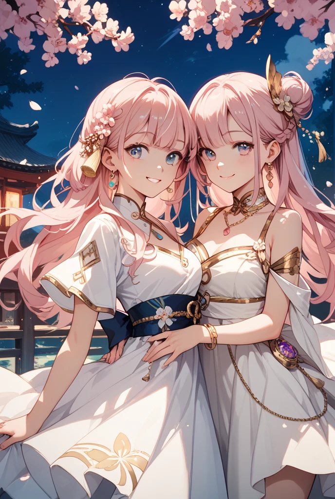 masterpiece, best quality, 1girl, ultra detailed, ultra highres, well-definded facial features, anatomically correct, cute girl, long pointy ears, elf, nice face,pink hair, pink eyes, full body, Shrine maiden, fantasy style, sky city, lotus, sexy lingerie, lace, garter stockings, by Alfons Mucha