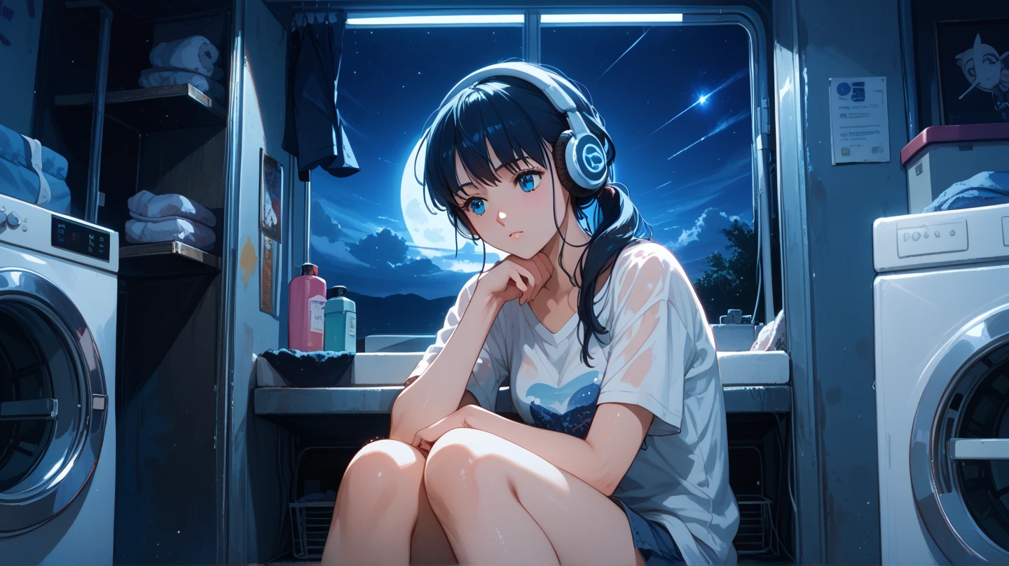 room with large windows, Outside the window is a city at night, A girl with brown hair and bright black eyes, headphone, sofa, side view