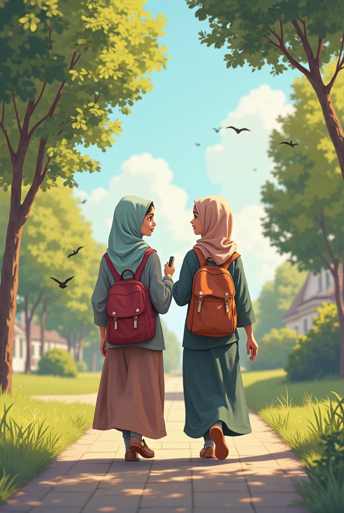 In pakistan A girl with fair complexion in a pony tail with her college bag and in her uneversity uniform white suit salwar  sitting on a bench at bus station waiting for the bus  . the place is not crowded and there are trees she has only one bag that is for her books. A South African black girl with hijab on  sat on distance at the same bench with her holding a closed book in her both hands . make hijabi girl black girl