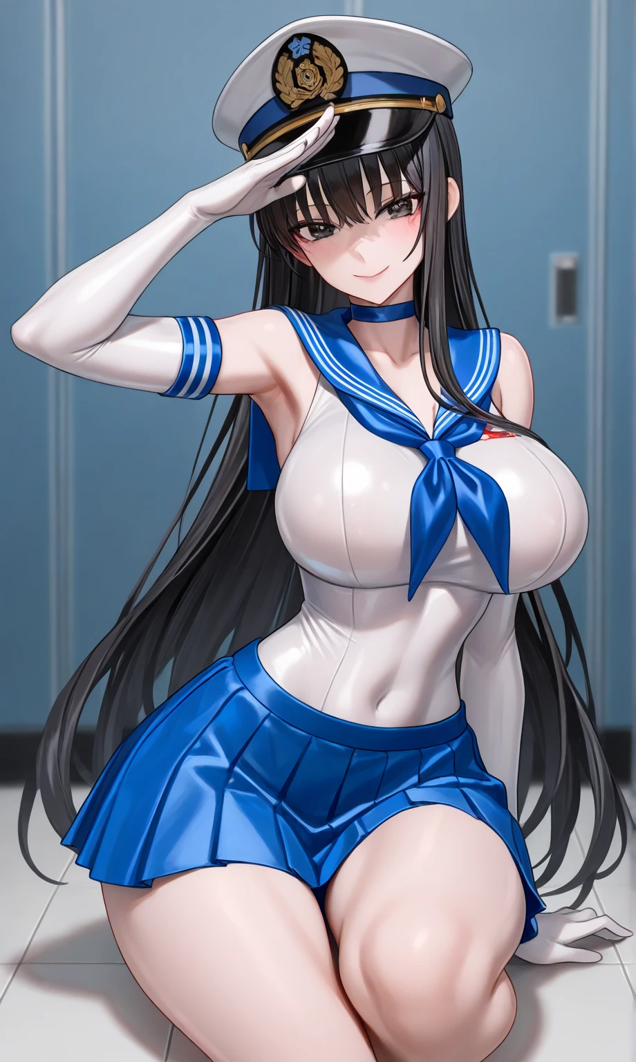 official art, Highly detailed CG Unity 8K wallpaper, highest quality, masterpiece, High resolution,shiny latex thigh-high boots, brown long straight hair、brown belt,  leather shoulder bag、latex gloves,  (shiny latex sailor suit)、shiny latex pleated skirt、 Leather texture, full body photo, melon face, small face, (((big breasts)))、grinning grin、tread on、kicking