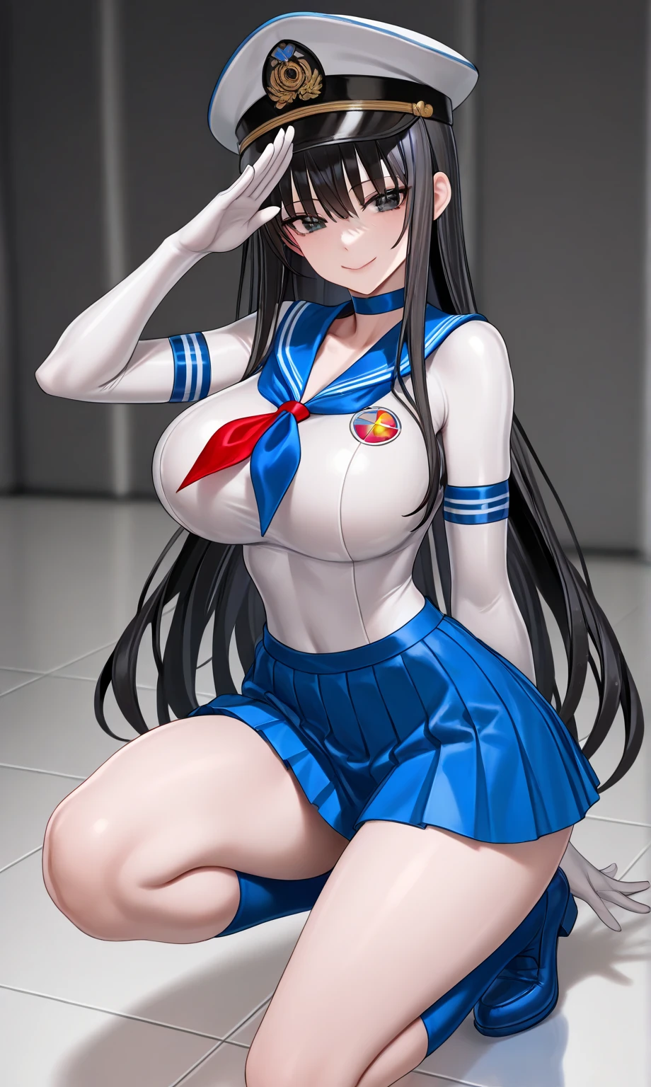 (cabello despeinado), (illustration), retrato, (fondo de ciudad futurista), (arms behind back), Cintura delgada, gran sonrisa, ojos detallados, abdominales fuertes, chica delgada, strong abs, muscle girl, front pose, big thighs, focus on face, big breast, large city background, blue hair, sailor uniform, skirt, sit on rock, detailed vagina, nude, heavy armor suit