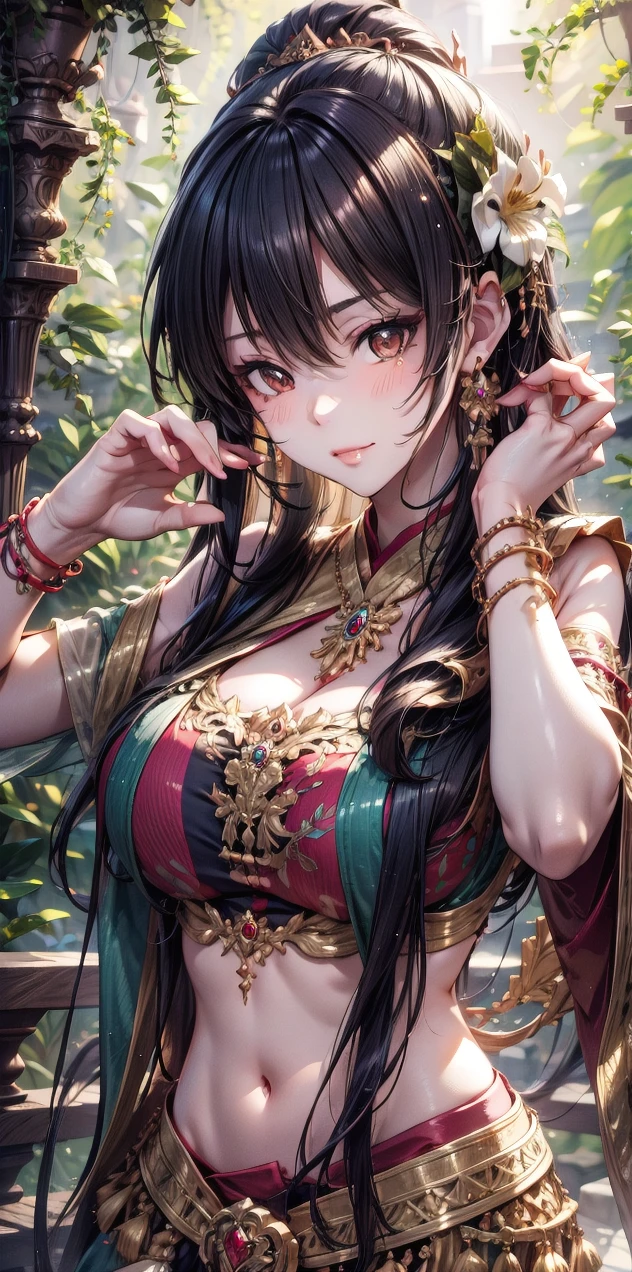 (masterpiece:1.5), (((high qualityสุด, 最high quality, high quality))), ((Intricate details, Very detailed, Crazy Details)), height, 32ก, Very detailedな CG 8k ユニティ壁紙., (Beautiful and beautiful:1.2),, (Depth of written boundary:1.3), (perfection.:1.3), (Delicate depiction of every detail:1.4),Anatomically correct body、
(((Abundant natural light, Fun bright colors))), (Ambient Volume Backlight:1.5),  (An illustration of a very beautiful young woman:1.3),
(Upper Body:1.4), (perfectionな中心:1.4), (Natural Willow Pose:1.5), (((Dynamic pose, Movie Corner))),
(1 Mature Woman:1.5), (alone:1.4),
Beautiful beautiful face, [(Detailed face:1.2):0.2], Bright Eyes, Pure rose face_v1, Urzan-6500-v1.1,  (gag:1.5), (Red lips:1.4), (Fuller lips:1.4), (smile:1.3),
perfection attractive body, (((Accentuates feminine curves.))), Brighter, more radiant skin., Realistic Skin, Hair follicle, (((Tighten your stomach, belly button, between legs:1.3))),
(((Golden threads fluttering.))), (Fringe Tassel:1.3), (Tight long sleeves:1.4), (Single Neck), (The invention is brilliant.:1.5),(Strapless Thai Dress:1.3),(Show me your breasts,The gap is clear.), (Elegant and exquisite clothing accessories:1.5), (jewelled embroidery:1.4), (Sparkly clothes:1.4), (Glowing particles:1.3), (((The front seam is loose., Saggy back seam))), (((Earrings, Armband, Barrette, hair accessory))), (Stand alone in a magical outdoor garden decorated with gems and colorful exotic flowers and shrubs.:1.5), (Outside the great ancient palace:1.5), 