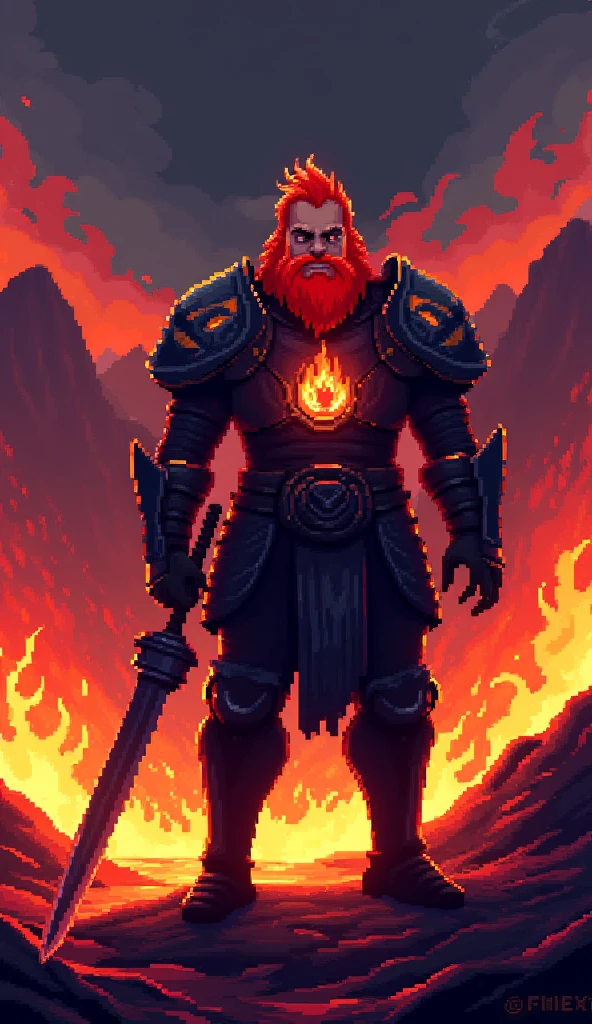 A pixel art sprite of a powerful fire warrior standing in a burning infernal landscape. He has bright red hair and a full red beard, wearing dark heavy armor with glowing orange flame symbols. A blazing fire emblem glows on his chestplate. He holds a large sword in one hand, and his stance is firm and heroic. The background is filled with flames, volcanic mountains, and a dark smoky sky. The color palette is dominated by reds, oranges, and deep shadows. 16-bit retro fantasy game style