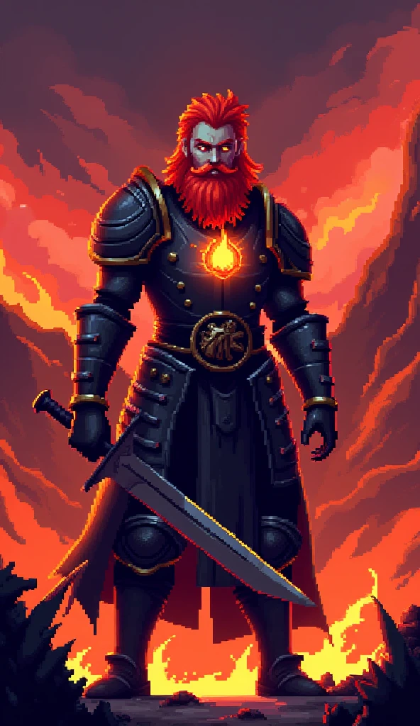 A pixel art sprite of a powerful fire warrior standing in a burning infernal landscape. He has bright red hair and a full red beard, wearing dark heavy armor with glowing orange flame symbols. A blazing fire emblem glows on his chestplate. He holds a large sword in one hand, and his stance is firm and heroic. The background is filled with flames, volcanic mountains, and a dark smoky sky. The color palette is dominated by reds, oranges, and deep shadows. 16-bit retro fantasy game style