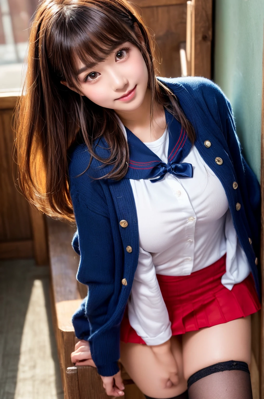 top-quality, ultra-detailliert, masterpiece, realisitic, Photo Real, Bright lighting, 1 girl in, Very beautiful 16 year old girl, (kawaii:1.2), Smile, (Brown eyes), (brown haired), (bangss), perfect glossy skin, flawless skin, ((erotick,Sexy and sexually explicit)), ((accurate hands without incongruity)), large full breasts, big breasts thin waist, Look at viewers, ((a sailor suit)), ((Short sleeve uniform white shirt)), (red necktie), (Blue Mini Pleated Skirt), ((Black Knee High Socks)), (lifted by self), (Showing panties), panties on, panties focus, ((Sit up)), sockes, (Loafer shoes), during daytime, On the train, Horizontal long seat with your back to the window