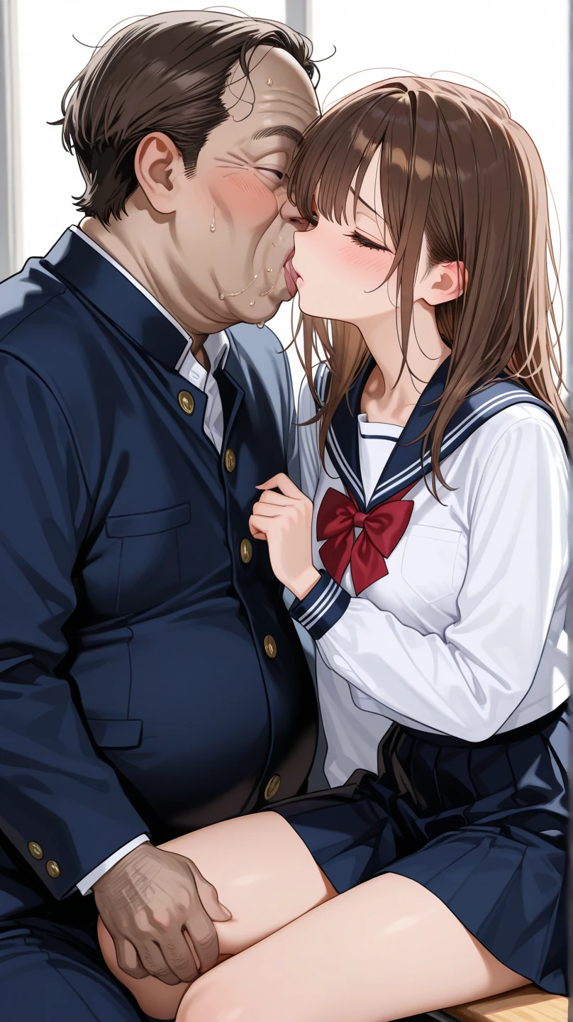 Girl squatting and sucking penis、Grabbing hair男の手、Big penis、One girl,18-year-old,Excellent anatomy, masterpiece, Highest quality,Realistic, hyperRealistic, 16k hdr,(((Deepthroat))),NSFW、shirt、Pleated skirt, Sweat、(((Grabbing hair)))、Twin tails、Blowjob、Semen、Small breasts、、In the toilet、school bag