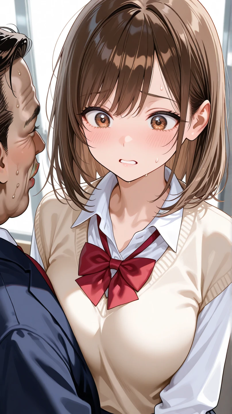 (masterpiece), (best quality), (highly detailed), (8k resolution), (best quality),huge_breasts,hair_bun,brown_hair,brown_eyes,detailed_lips,shy,ecstasy_face,blush,from front,(looking at viewer:1.3),office lady,(white buttoned shirt),pencil skirt,(sex with guys:1.5),nsfw