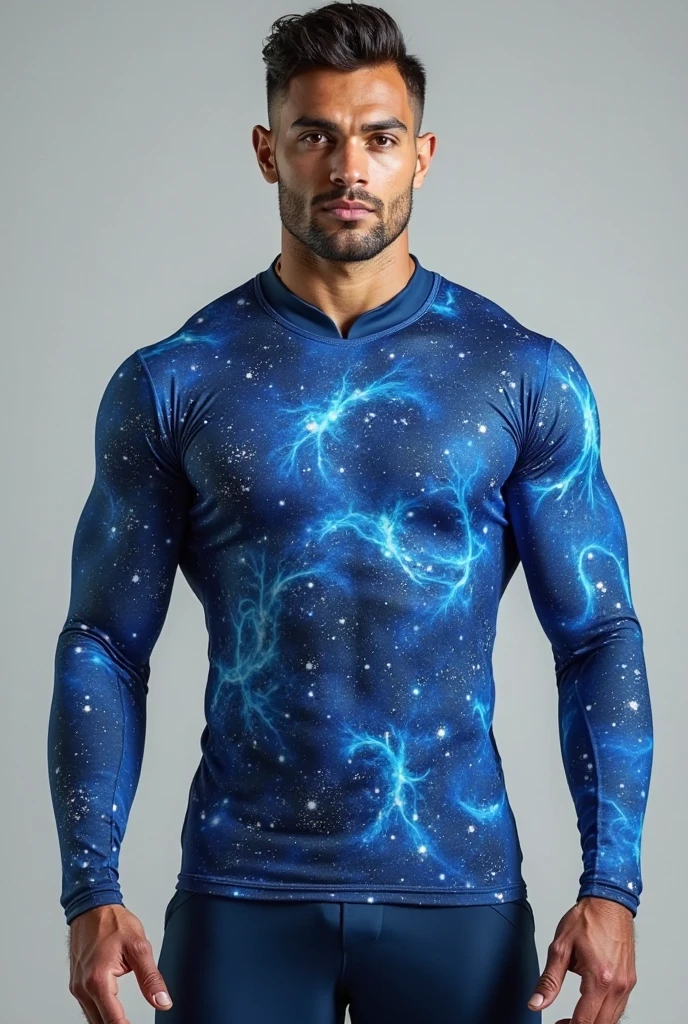 (masterpiece, high resolution, detailed:1.3), a mesmerizing depiction of a (strikingly handsome young man:1.5, (face: Matthew Daddario)) donning (wearing sleek and form-fitting thong, bulge:1.5), LED internal lighting, glowing blue iris, muscular, standing against the backdrop of the vast and mysterious cosmos, breathtaking grandeur, best quality, masterpiece, His (toned physique:1.5) is bathed in the soft glow of distant stars, creating an otherworldly aura. As he sexually gazes out into the depths of space, his (intense blue eyes:1.2) reflect the wonder and curiosity of his cosmic journey. The intricate details of his attire and the (subtle gleam:1.2) on his skin are meticulously captured, lending an air of realism to the scene. The celestial expanse behind him is a tapestry of (nebulous formations:1.2), (dazzling galaxies:1.2), and (shooting stars:1.2), a breathtaking testament to the beauty of the universe. This artwork melds the allure of a beautiful man with the awe-inspiring vastness of space, evoking a sense of both intimacy and grandeur.