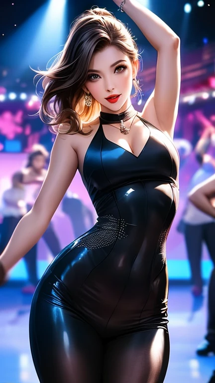 Ultra-realism, cyber punk, 16K, Super Resolution, One Christina Chong beautiful face, narrowed eyes. smirk. black braided hair, Pole dancer, blue eyes, Blonde, Dazzling neon lights, A stage that combines Moulin Rouge and burlesque, Luxury nightclubs, Very detailed, High resolution, High resolutionR, High resolution, UHigh resolution, Professional work, Black light, Do pole dancing, Stick to the pole, Fascinating, Fascinating, ARW
