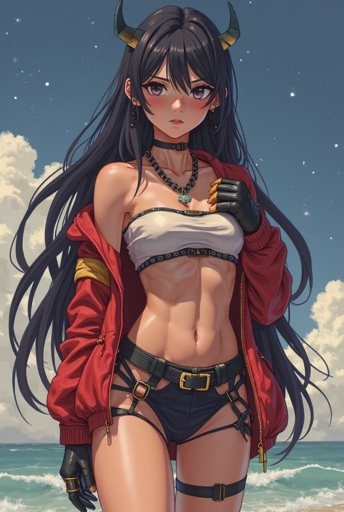 1 girl, ig model, looking far away, hand in her hair, lewd face, sexy, cleavage, brown hair, brunette, blue eyes, red lips, collar, black bikini, black skirt, black panties, black bra, thigh highs, arm band, armpits, large breasts, wide hips, thick thighs, muscles, abs, no teeth, beautiful face, realistic, ray traced, beautiful eyes, red lipstick, desert, sand, night, stars, moon, clouds