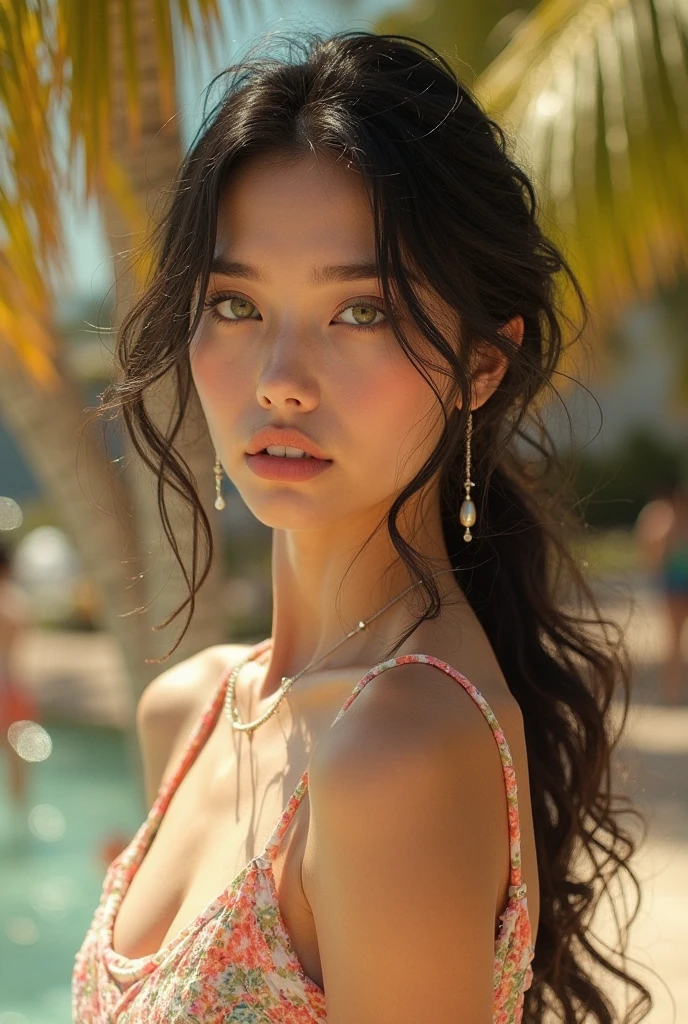 (​masterpiece, best quality:1.5), highest quality, High resolution, super detailed, Realists, Upper body photo of a black-haired 22-year-old woman, detailed and beautiful eyes, beautiful detailed lips, very detailed eyes and face, longeyelashes, 22-year-old woman in a summer dress, Beautiful and colorful makeup, elegant and noble々Pose,shiny satin headband,, Beach and sea as background, bright daylight, bright colors, fine brushstrokes, Portrait style, beautiful color palette, glowing skin, First-class rendering, that captures every detail, enchanting atmosphere, (perfect anatomy:1.2), (The two stunning women wear a short summer dress... They smile coquettishly. her arms above her head, Showcasing her figure (magnificent panorama view:1.2)