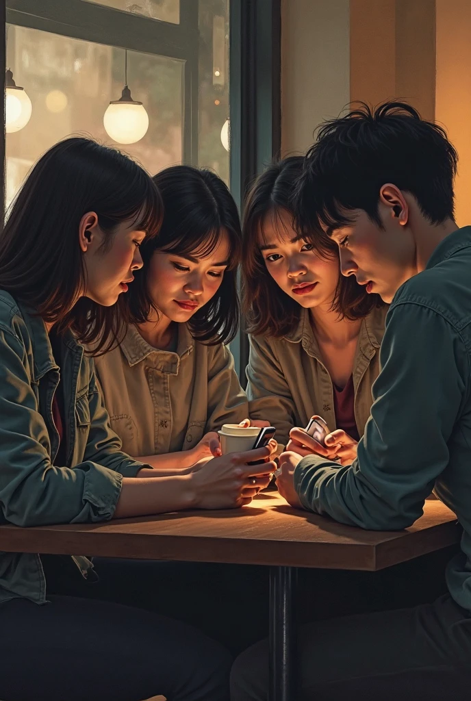 3 friends are sitting side by side talking, 1 boy is smoking, 1 girl is scrolling on her phone and 1 girl is sitting in mood off.