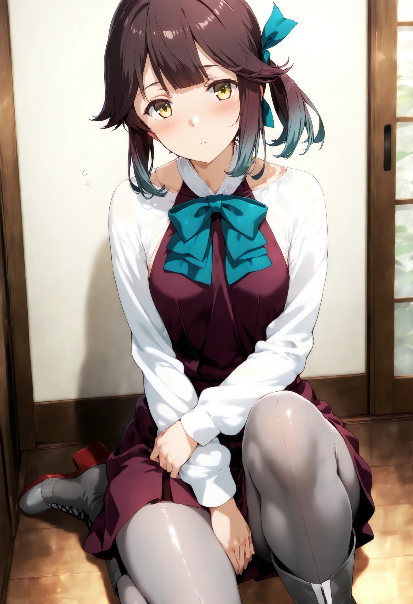 Hayanami (KANCOLLE), one girl with arms, alone,
Kishinami \(fleet collection\), stupid hair, brown hair, short hair, Wave Hair, yellow eyes, Bangs bangs, small breasts,
Aqua Bow, Aqua Bowtie, grey pantyhose, long sleeve, pleated dress, purple dress, uniform, seamless legwear, white shirt, halter neck, boots, cowboy shot with one knee on the floor,