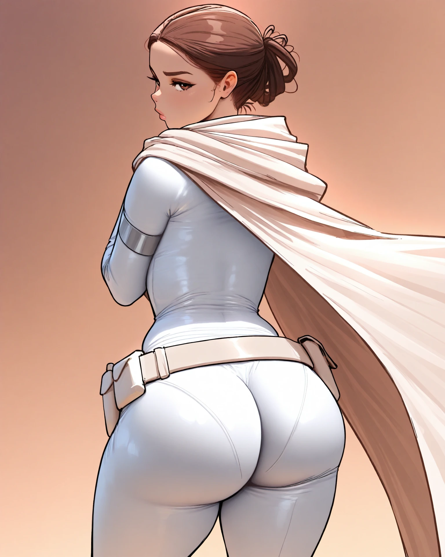 Detailed character sheet, Front view, Side view, Oblique view, with a white returnground, show women, 30 years old, with short dark brown hair combed return, 1 female warrior, Wavy Cape, long flowing hair, Swordsman Style, Light Armor, (Earth-toned long leggings), Slim figure, Toned thighs, Tight round ass, Low angle shot, From below, The seat includes different angles, Front desk etc.., return, and Side views, Model and Reference Sheets, Full body painting. The ratio is based on 7.5 Head Scale.