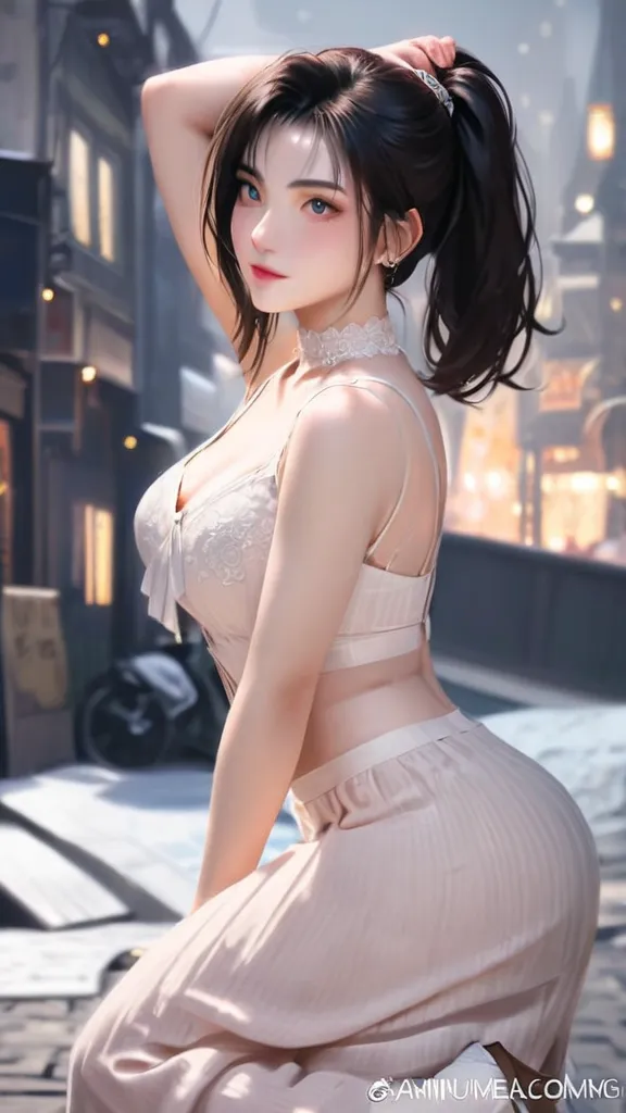 8K, Masterpiece, raw image, best quality, realistic, วอลล์เปเปอร์ CG unity 8K ที่มีรายละเอียดมาก, depth of field, Cinema-grade lighting, lens flare, Ray tracing, (very beautiful face, beautiful lips, beautiful eyes), A face with intricate details, ((Ultra-detailed skin)) 1 girl, in the dark, deep shadow, beautiful korean girl, kpop idols, 1 woman, (Very slim slender fit-muscled body:1.3), ((look at viewer)),(Big smile:1.3), (midnight, dark night, (neon sign), (blurred background), The light is dim.), (without people behind:1.3), Beautiful earrings, bangle, necklace, tights, clear eyes, walking place , front shot, (Pale skin), (Big eyes), Facing forward, (full body shot), (brown hair), Open the navel, (look at viewer:1.3), Very slim, Medium bust, (camel toe), thick thighs, return, (Flared lace mini bikini), ((white dress)), (tight skirt), ((Turn around, shoot back)), ultra mini skirt, Expose your ass, Top shot