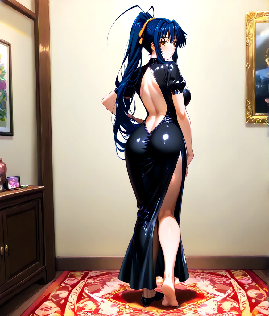 (8k, RAW photo, best quality, masterpiece:1.2), (intricate details), perfect eyes, perfect face, perfect lighting, beautiful, (masterpiece:1.2), (best quality:1.2), 1girl, solo, Marinette, blue hair, ((long loosen hair)), adult torso, 19 years old, slight smile, huge sized breasts, (pink dress), cowboy shot, 3DMM, standing, back view 