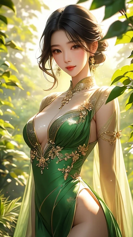 ((Highest quality)),(Ultra-high resolution),(Super detailed),(Detailed Description),((The best CG)),(masterpiece),Highly detailed art,(Chinese fantasy art with intricate details:1.5), ( Lady:1.7),(Mysterious Sparkle:1.3),(Beautiful and well-proportioned face:1.5),(Deep green eyes:1.4),(High-knitted black hair:1.6),(Intricate and intricate costume ornaments:1.5),(Colorful Hu clothing with gorgeous embroidery:1.8),