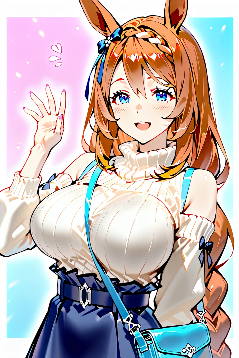 ((highest quality)), ((masterpiece)), (detailed), Perfect Face,Gigantic breasts, Umamusume, happy meak, smiling, selfy,delete texts