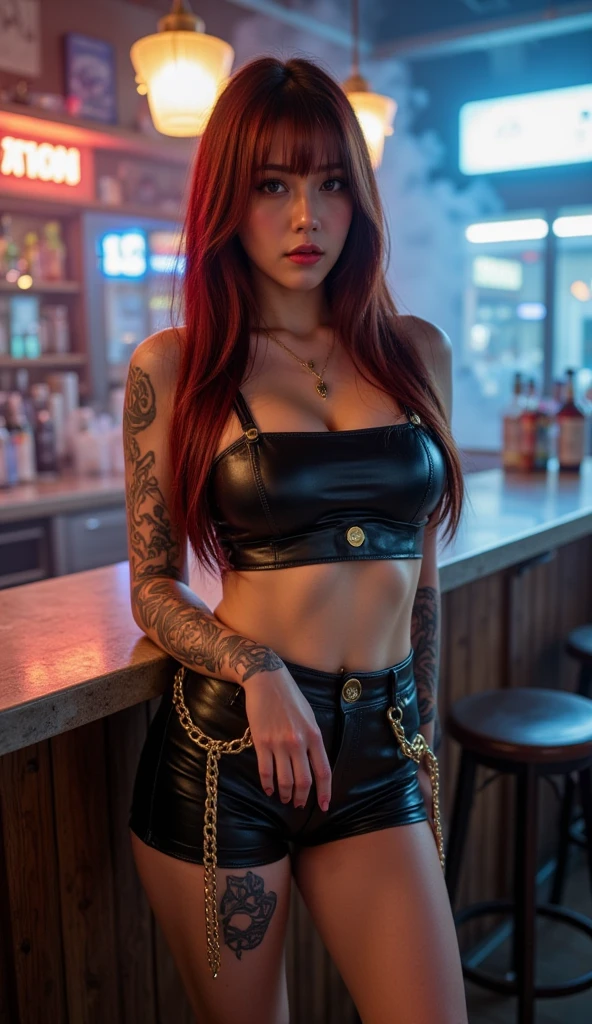 sexy body, narrow thin waist, 4size breasts, Create a high quality image, extreme details, ultra definition, extreme realism, high quality lighting, 16k UHD, girl, long reddish hair, micro black t-shirt, black microshorts , sexy pose, in the doorway of a cafe shop, ((tattoes)), open belly, open shoulders, black manicure, black collar on the neck,