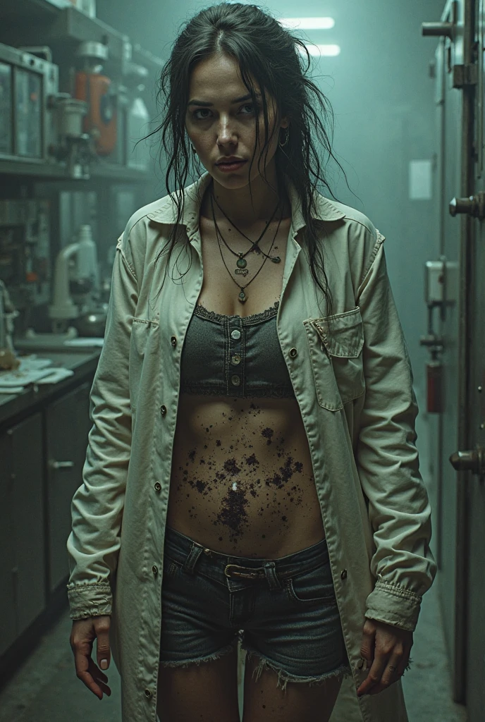 Realism Create a poster about half human half zombie lady scientist Dr Ellie Superhero stand in destroyed lab