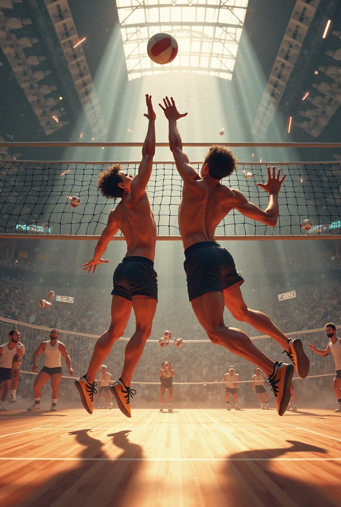 Male volleyball player lifting his male teammate