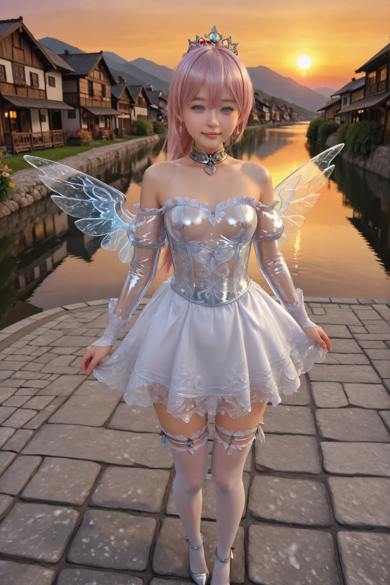 (Lalisa Manobal, age 25)A cute fairy (crystalline butterfly wings, prismatic hair, large eyes, spider silk gown) is in the kitchen, she is taking a sip of coffee from a steaming hot cup, mischief in kitchen
