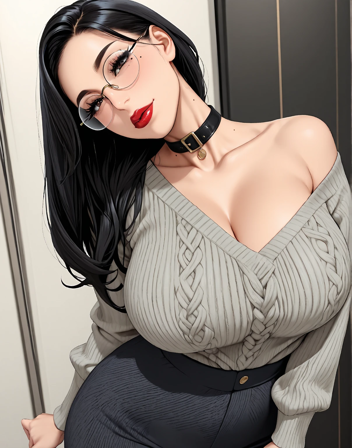 score_9, score_8_up, score_7_up, score_6_up, score_5_up, score_4_up, (8k, RAW photo, best quality, masterpiece:1.2), black hair, long hair, front view detailed body, long belly , Slender body, tight body , thicc, large breast , long thighs, Seoldef, black hair, black eyes, long hair, cleavage, 1girl, breasts, solo, black_hair, cleavage, long_hair, large_breasts, sitting, couch, smile, shorts, realistic, black_shorts, lips